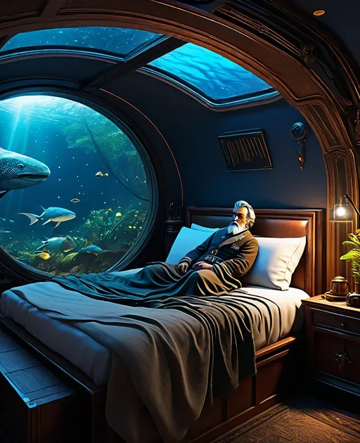 Prompt: Captain Nemo living out his final years, Captain Nemo cozy and warm in his bed, restort world for galactic travelers, a family in a cozy hardened submersed home that is capable of flight, safari oasis in a carboniferous forest, photorealism, extremely long shot from a distance, extremely heavy atmospherics and moody lighting, parallax, rim lighting, 3 point lighting, volumetric fx, subsurface scattering, raytracing, specularity and depth, imax quality visuals, ilm, weta digital, multi-sample antialiasing, 32k uhd 