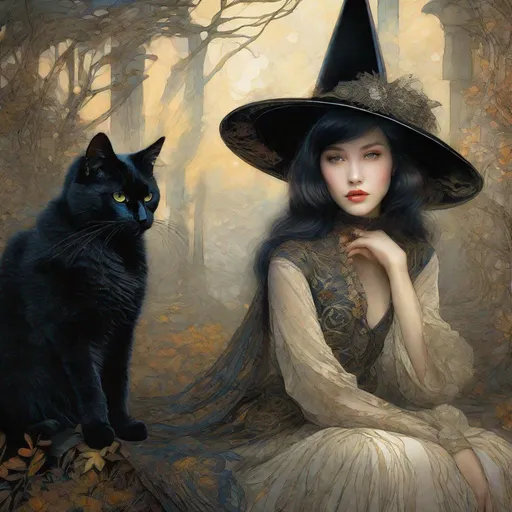 Prompt: A beautiful girl witch and her fluffy Black alien cat art style by Leiji Matsumoto, Marianne Stokes, endre penovac, catrin welz Stein, Mondrian, James jean. High quality, highly detailed, intricate details.dynamic lighting award winning fantastic view ultra detailed high definition hdr focused glow shimmer