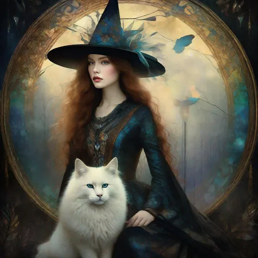 Prompt: A beautiful girl witch and her fluffy bicolor magical cat art style by Leiji Matsumoto, Paolo Roversi, Marianne Stokes, Christian Schloe, endre penovac, catrin welz Stein, Mondrian, James jean. High quality, highly detailed, intricate details.dynamic lighting award winning fantastic view ultra detailed high definition hdr focused glow shimmer