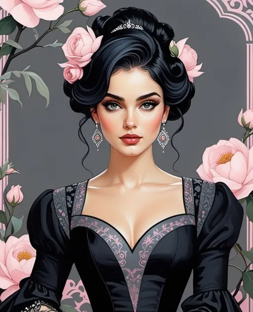 Prompt: Style of Itzchak Tarkay, Faiza Maghni, Henry Justice Ford, Jessica Durrant, doomed and gloomy beautiful girl, pastel pink updo hair, grey colored eyes, in gothic black dress, beautiful, detailed, floral background.