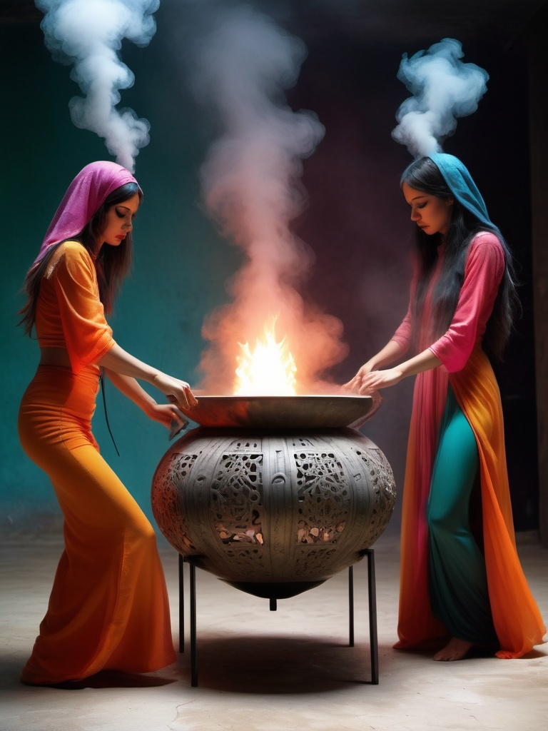 Prompt: Dancing priestesses, in a brutalist liminal space, swinging a large steaming incense burner. Arabicpunk colorful translucent brutalist liminal space