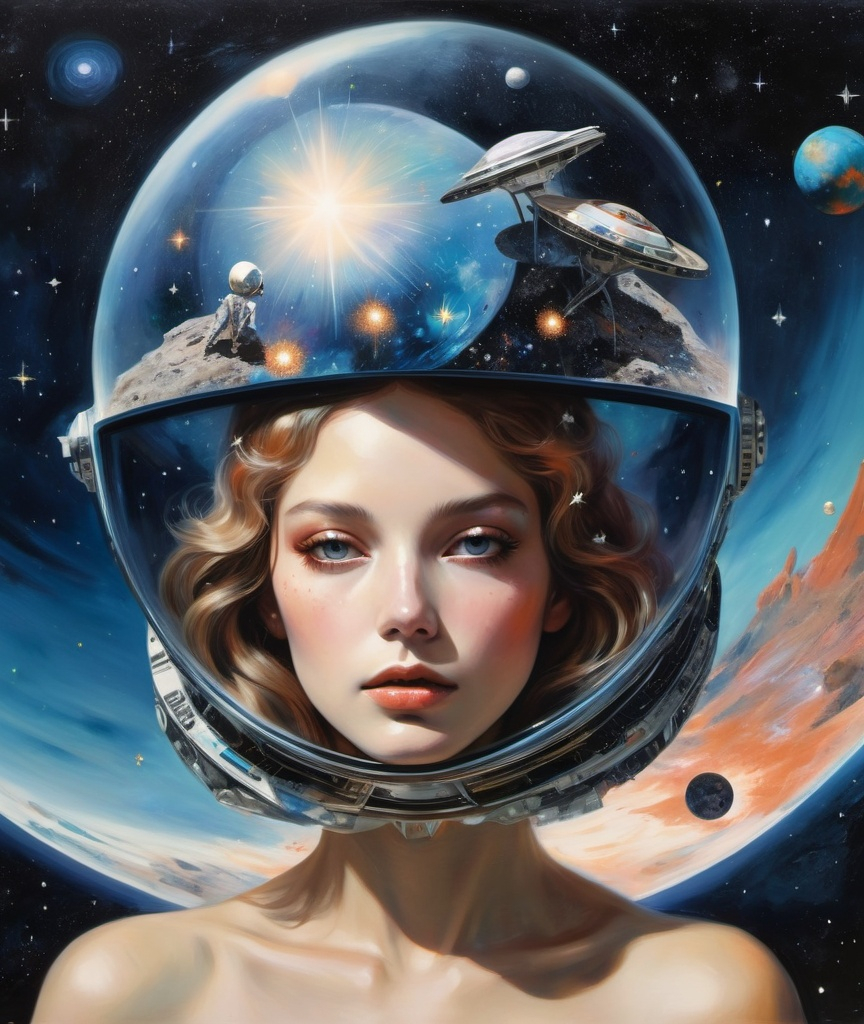 Prompt: Very beautiful Alien woman holding space debris and stars, Petra Collins, Sandra Chevrier, cosmic dream 