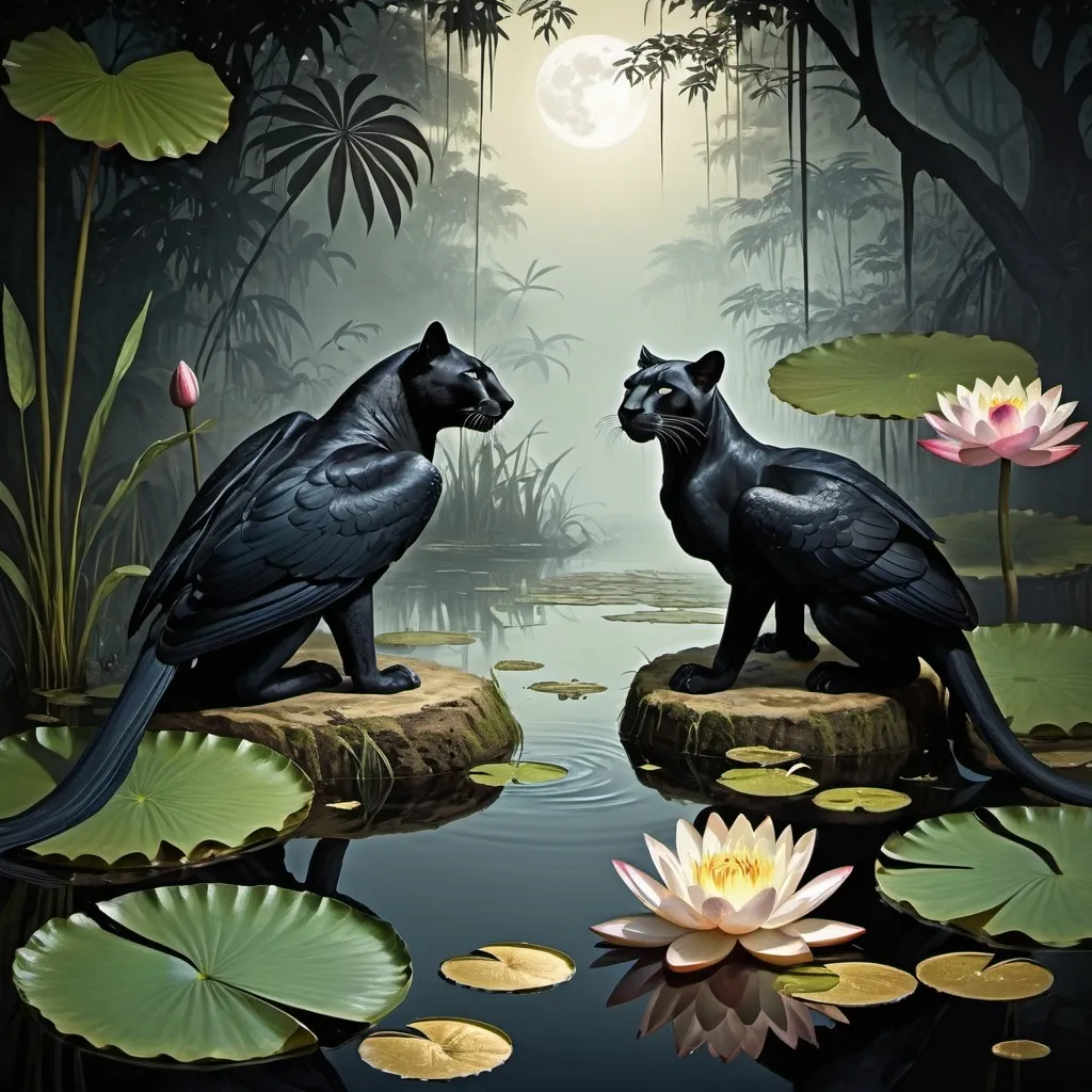 Prompt: 
Exotic birds with dark plumage, bats, and insects fluttering through the scene. Predatory animals like panthers and snakes lurk in the shadows, adding to the sense of danger and mystery.
Dark, still waters of jungle streams and swamps reflecting the moonlight. Water lilies and lotus flowers float on the surface, their beauty contrasting with the dark surroundings.
Ancient statues and totems partially hidden by foliage, hinting at forgotten cultures and rituals. These artifacts are adorned with gold and bronze accents, catching the light in the darkness.

