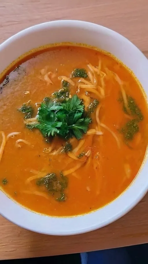 Prompt: A bowl of sickness soup like the image i send like a iranian soup bowl ok and the phone be like i taking it while i am in my bed under the blanket
