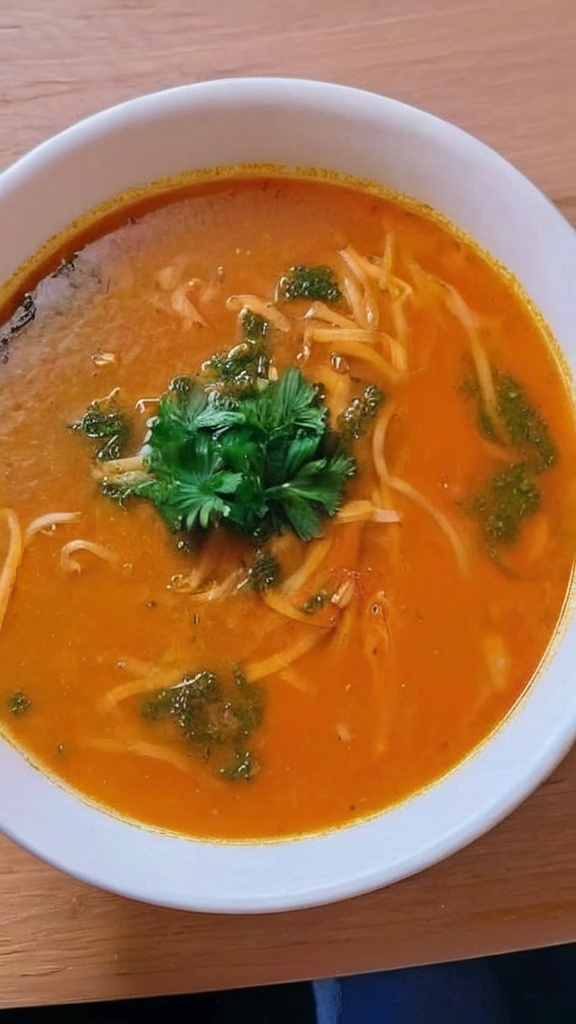 Prompt: A bowl of sickness soup like the image i send like a iranian soup bowl ok and the phone be like i taking it while i am in my bed under the blanket