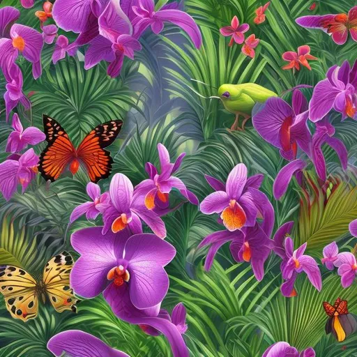 Prompt: 3D deep jewell colors, tropical orchid plants with birds or butterflies. long and narrow picture