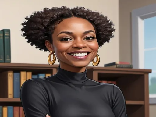 Prompt: Create a cartoon image of a 40 year old black woman with medium dark brown skin  with super short black curly/coily hair afro  with a left part in it.  she should have stud earrings,  a nose piercing, be smiling  and standing in front a tall bookshelf wearing a black shirt with black jacket over top