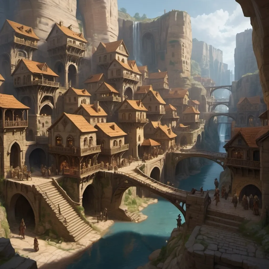 Prompt: Large settlement, city built within a ravine, sandstone houses with stairs up and down, bridges, statues, epic fantasy dramatic lighting, crowded streets and marketplace