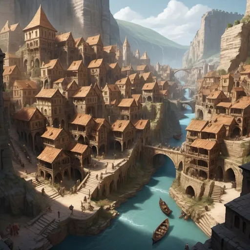 Prompt: Large settlement, city built within a ravine, sandstone houses with stairs up and down, bridges, statues, epic fantasy dramatic lighting, crowded streets and marketplace, boats flowing down the river