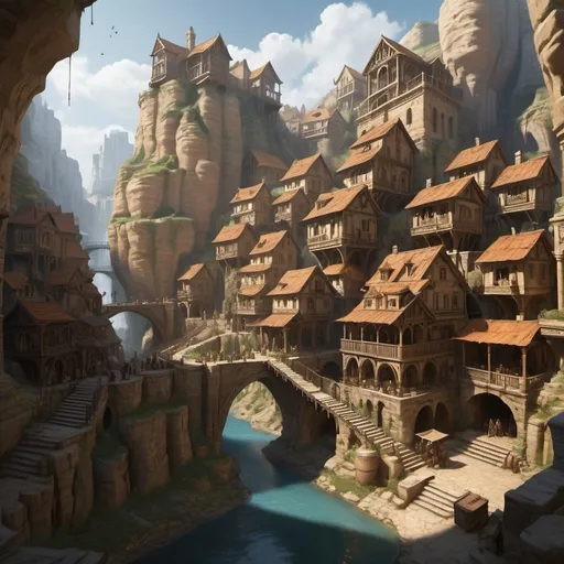 Prompt: Large settlement, city built within a ravine, sandstone houses with stairs up and down, bridges, statues, epic fantasy dramatic lighting, crowded streets and marketplace