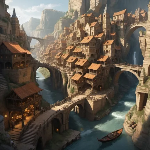 Prompt: Large settlement, city built within a ravine, sandstone houses with stairs up and down, bridges, statues, epic fantasy dramatic lighting, crowded streets and marketplace, boats flowing down the river