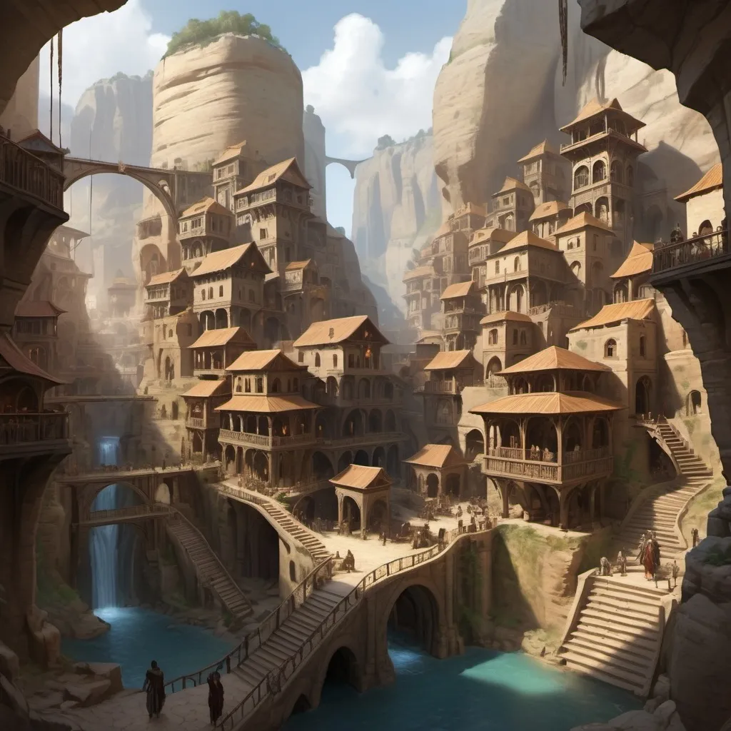 Prompt: Large settlement, city built within a ravine, sandstone houses with stairs up and down, bridges, statues, epic fantasy dramatic lighting, crowded bazaar