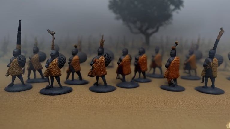 Prompt: an african traditional army that overcome invaders by surrounding them in a thick fog valley