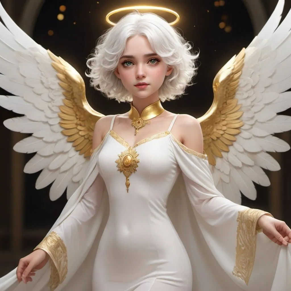 Prompt: She has short, wavy white hair with lighter highlights and large, expressive eyes that convey a sense of warmth and friendliness. A golden halo floats above her head, emphasizing her celestial nature. She has large, white wings that extend gracefully behind her. Her outfit is elegant and somewhat traditional, consisting of a flowing white dress with gold accents on the cuffs, collar, and hem. The dress has a high-low design, with the front hem shorter than the back, revealing white tights. 