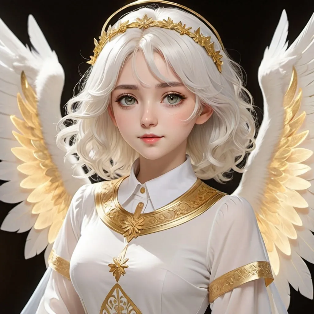 Prompt: She has short, wavy white hair with lighter highlights and large, expressive eyes that convey a sense of warmth and friendliness. A golden halo floats above her head, emphasizing her celestial nature. She has large, white wings that extend gracefully behind her. Her outfit is elegant and somewhat traditional, consisting of a flowing white dress with gold accents on the cuffs, collar, and hem. The dress has a high-low design, with the front hem shorter than the back, revealing white tights. Anime style 