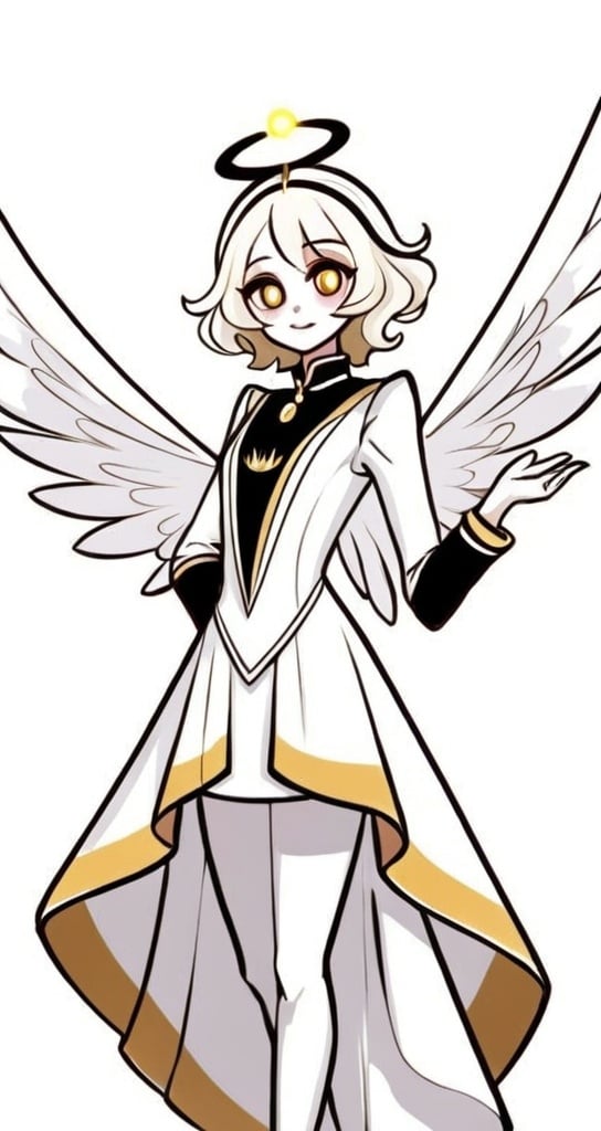 Prompt: She has short, wavy white hair with lighter highlights and large, expressive eyes that convey a sense of warmth and friendliness. A golden halo floats above her head, emphasizing her celestial nature. She has large, white wings that extend gracefully behind her. Her outfit is elegant and somewhat traditional, consisting of a flowing white dress with gold accents on the cuffs, collar, and hem. The dress has a high-low design, with the front hem shorter than the back, revealing white tights. 