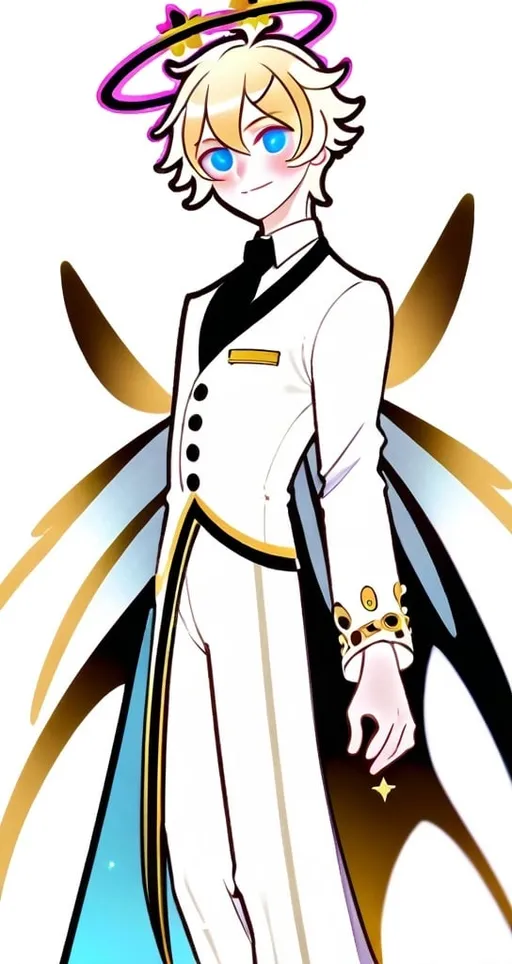 Prompt: anime, male, detailed, He has striking blue eyes, complemented by pink blush marks beneath them, giving his face a gentle and endearing touch. His blond hair is styled in a wave. He wears a tan and white outfit adorned with gold accents, paired with a black tie that adds a touch of formality. Draped over his outfit is a white and blue robe decorated with star-like patterns, enhancing his ethereal look. Floating above his head is a halo, signifying his angelic nature. he has six large, elaborate wings they are soft and feathery primarily cream-colored with golden parts, very detailed