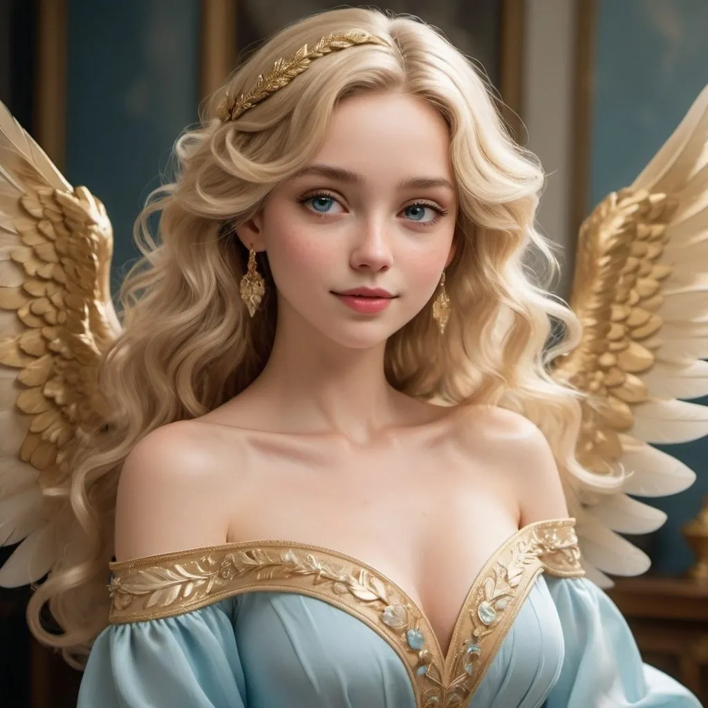 Prompt: She has light gold wings that are large and feathery, suggesting a gentle and serene nature. Her hair is blonde and styled in soft waves that frame her face, which has a cheerful and friendly expression with rosy cheeks. She wears a flowing, off-the-shoulder baby blue dress that complements the color of her wings. The dress is accentuated with gold bands around her neck, upper arms, and lower legs, adding a touch of elegance.