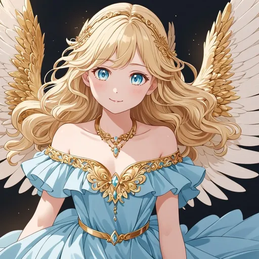 Prompt: anime, girl, detailed, She has light gold wings that are large and feathery, suggesting a gentle and serene nature. Her hair is blonde and styled in soft waves that frame her face, which has a cheerful and friendly expression with rosy cheeks. She wears a flowing, off-the-shoulder baby blue dress that complements the color of her wings. The dress is accentuated with gold bands around her neck, upper arms, and lower legs, adding a touch of elegance., very detailed