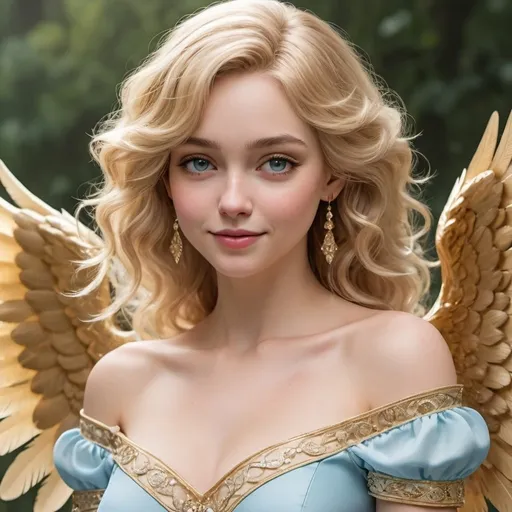 Prompt: She has light gold wings that are large and feathery, suggesting a gentle and serene nature. Her hair is blonde and styled in soft waves that frame her face, which has a cheerful and friendly expression with rosy cheeks. She wears a flowing, off-the-shoulder baby blue dress that complements the color of her wings. The dress is accentuated with gold bands around her neck, upper arms, and lower legs, adding a touch of elegance.