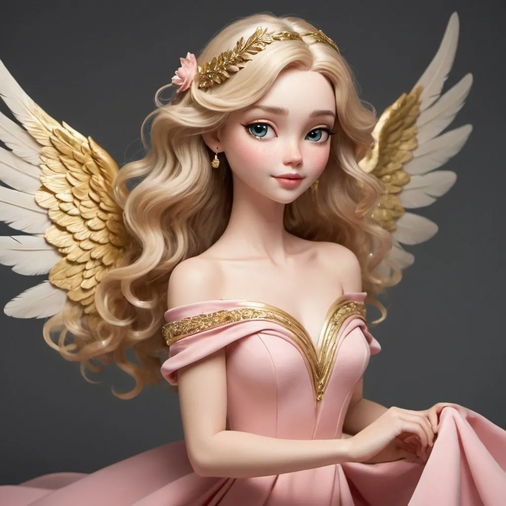 Prompt: She has light wings that are large and feathery, suggesting a gentle and serene nature. Her hair is blonde and styled in soft waves that frame her face, which has a cheerful and friendly expression with rosy cheeks. She wears a flowing, off-the-shoulder pink dress that complements the color of her wings. The dress is accentuated with gold bands around her neck, upper arms, and lower legs, adding a touch of elegance.