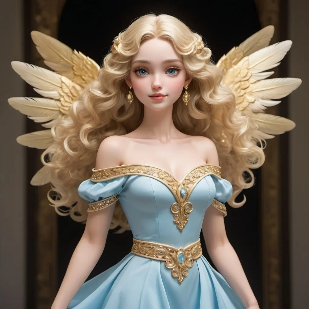 Prompt: She has light gold wings that are large and feathery, suggesting a gentle and serene nature. Her hair is blonde and styled in soft waves that frame her face, which has a cheerful and friendly expression with rosy cheeks. She wears a flowing, off-the-shoulder baby blue dress that complements the color of her wings. The dress is accentuated with gold bands around her neck, upper arms, and lower legs, adding a touch of elegance.