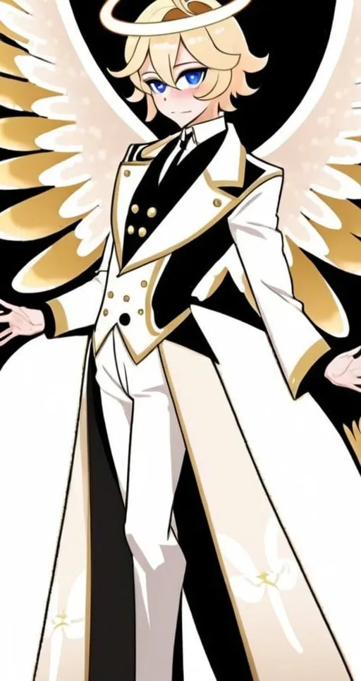 Prompt: anime, detailed, He has striking blue eyes, complemented by pink blush marks beneath them, giving his face a gentle and endearing touch. His blond hair is styled in a wave. He wears a tan and white outfit adorned with gold accents, paired with a black tie that adds a touch of formality. Draped over his outfit is a white and blue robe decorated with star-like patterns, enhancing his ethereal look. Floating above his head is a halo, signifying his angelic nature. he has six large, elaborate wings they are soft and feathery primarily cream-colored with golden parts, very detailed