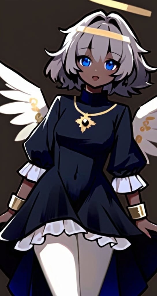 Prompt: She has short, wavy white hair with lighter highlights and large, expressive, blue eyes that convey a sense of warmth and friendliness. A golden halo floats above her head, emphasizing her celestial nature. She has large, white wings that extend gracefully behind her. Her outfit is elegant and somewhat traditional, consisting of a flowing white dress with gold accents on the cuffs, collar, and hem. The dress has a high-low design, with the front hem shorter than the back, revealing white tights. 