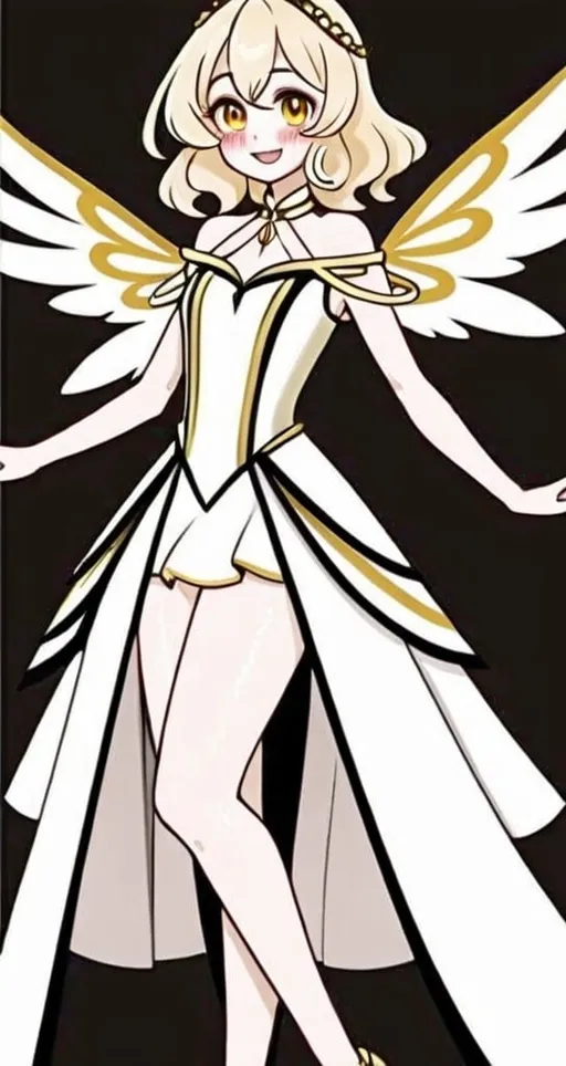 Prompt: anime, girl, detailed, She has light gold wings that are large and feathery, suggesting a gentle and serene nature. Her hair is long, blonde, and styled in soft waves that frame her face, which has a cheerful and friendly expression with rosy cheeks. She wears a long, flowing, off-the-shoulder baby blue dress that complements the color of her wings. The dress is accentuated with gold bands around her neck, upper arms, and lower legs, adding a touch of elegance., very detailed