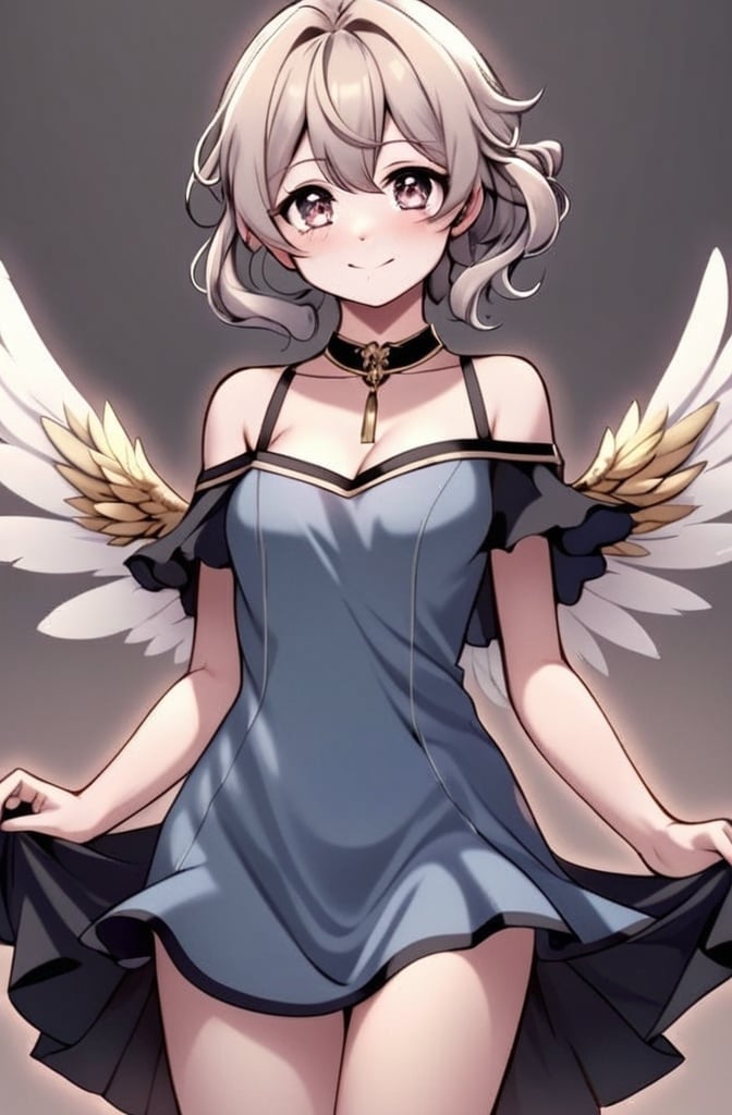 Prompt: anime, girl, detailed, She has light gold wings that are large and feathery, suggesting a gentle and serene nature. Her hair is long, blonde, and styled in soft waves that frame her face, which has a cheerful and friendly expression with rosy cheeks. She wears a long, flowing, off-the-shoulder baby blue dress that complements the color of her wings. The dress is accentuated with gold bands around her neck, upper arms, and lower legs, adding a touch of elegance., very detailed