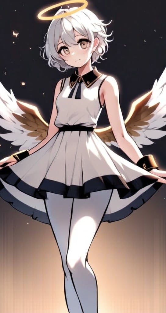 Prompt: She has short, wavy white hair with lighter highlights and large, expressive eyes that convey a sense of warmth and friendliness. A golden halo floats above her head, emphasizing her celestial nature. She has large, white wings that extend gracefully behind her. Her outfit is elegant and somewhat traditional, consisting of a flowing white dress with gold accents on the cuffs, collar, and hem. The dress has a high-low design, with the front hem shorter than the back, revealing white tights. 