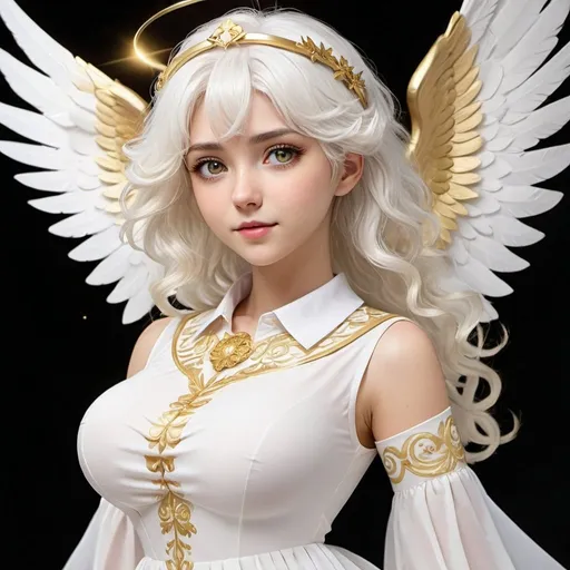 Prompt: She has short, wavy white hair with lighter highlights and large, expressive eyes that convey a sense of warmth and friendliness. A golden halo floats above her head, emphasizing her celestial nature. She has large, white wings that extend gracefully behind her. Her outfit is elegant and somewhat traditional, consisting of a flowing white dress with gold accents on the cuffs, collar, and hem. The dress has a high-low design, with the front hem shorter than the back, revealing white tights. Anime style 