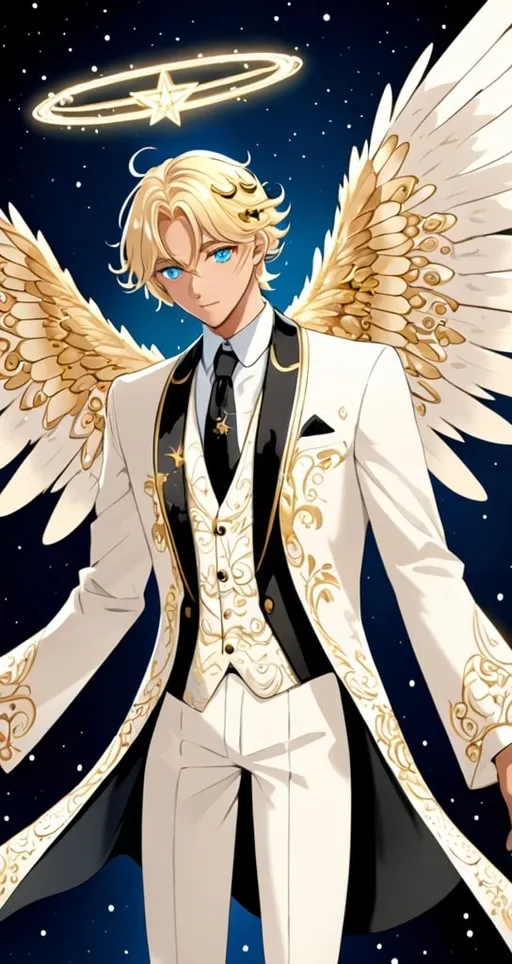 Prompt: anime, male, detailed, He has striking blue eyes, complemented by pink blush marks beneath them, giving his face a gentle and endearing touch. His blond hair is styled in a wave. He wears a tan and white outfit adorned with gold accents, paired with a black tie that adds a touch of formality. Draped over his outfit is a white and blue robe decorated with star-like patterns, enhancing his ethereal look. Floating above his head is a halo, signifying his angelic nature. he has six large, elaborate wings they are soft and feathery primarily cream-colored with golden parts, very detailed
