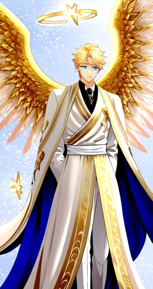 Prompt: anime, male, detailed, He has striking blue eyes, complemented by pink blush marks beneath them, giving his face a gentle and endearing touch. His blond hair is styled in a wave. He wears a tan and white outfit adorned with gold accents, paired with a black tie that adds a touch of formality. Draped over his outfit is a white and blue robe decorated with star-like patterns, enhancing his ethereal look. Floating above his head is a halo, signifying his angelic nature. he has six large, elaborate wings they are soft and feathery primarily cream-colored with golden parts, very detailed