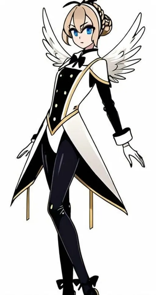 Prompt: anime, girl, detailed, She has white wings that are large and feathery, She has light brown hair styled in an elegant updo with a braid, and an expressive face with a somewhat serious or thoughtful expression, highlighted by her blue eyes. She wears a stylish outfit that combines elements of both a traditional uniform and fashionable attire. The ensemble includes a short blue cape with white accents and a bow tie, fastened over a form-fitting white leotard. Her legs are covered by long black thigh-high boots with high heels, adding a touch of edginess to her look, very detailed