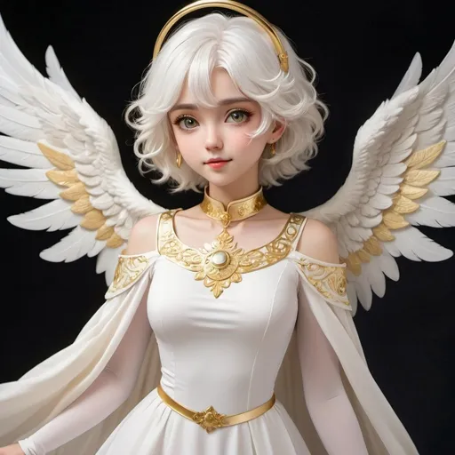 Prompt: She has short, wavy white hair with lighter highlights and large, expressive eyes that convey a sense of warmth and friendliness. A golden halo floats above her head, emphasizing her celestial nature. She has large, white wings that extend gracefully behind her. Her outfit is elegant and somewhat traditional, consisting of a flowing white dress with gold accents on the cuffs, collar, and hem. The dress has a high-low design, with the front hem shorter than the back, revealing white tights. Anime style 