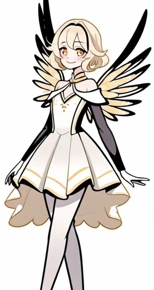 Prompt: anime, girl, detailed, She has light gold wings that are large and feathery, suggesting a gentle and serene nature. Her hair is blonde and styled in soft waves that frame her face, which has a cheerful and friendly expression with rosy cheeks. She wears a flowing, off-the-shoulder baby blue dress that complements the color of her wings. The dress is accentuated with gold bands around her neck, upper arms, and lower legs, adding a touch of elegance., very detailed