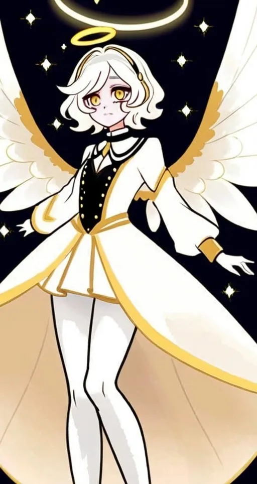 Prompt: She has short, wavy white hair with lighter highlights and large, expressive eyes that convey a sense of warmth and friendliness. A golden halo floats above her head, emphasizing her celestial nature. She has large, white wings that extend gracefully behind her. Her outfit is elegant and somewhat traditional, consisting of a flowing white dress with gold accents on the cuffs, collar, and hem. The dress has a high-low design, with the front hem shorter than the back, revealing white tights. 