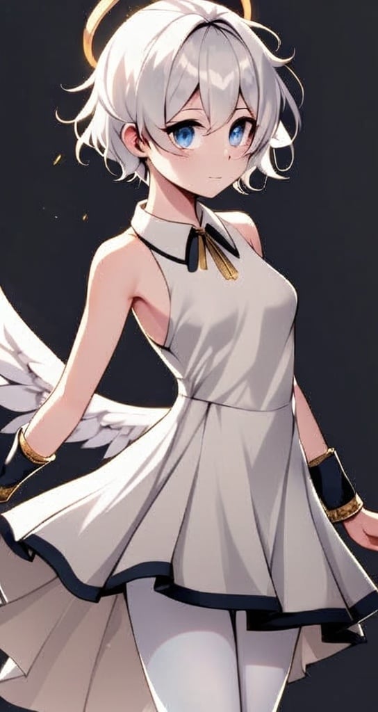 Prompt: She has short, wavy white hair with lighter highlights and large, expressive, blue eyes that convey a sense of warmth and friendliness. A golden halo floats above her head, emphasizing her celestial nature. She has large, white wings that extend gracefully behind her. Her outfit is elegant and somewhat traditional, consisting of a flowing white dress with gold accents on the cuffs, collar, and hem. The dress has a high-low design, with the front hem shorter than the back, revealing white tights. 