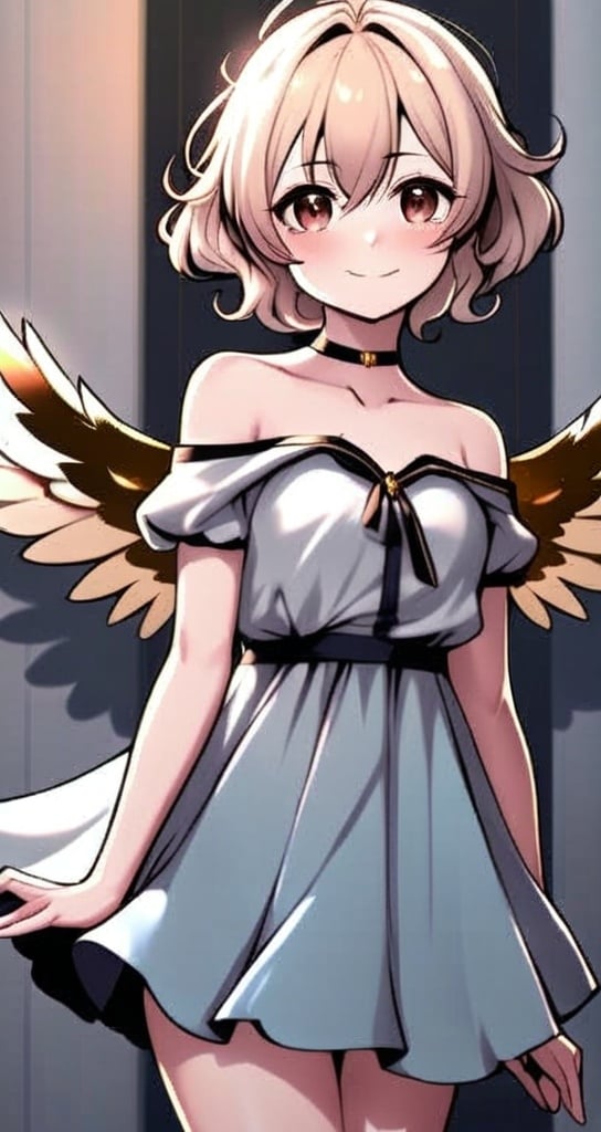 Prompt: anime, girl, detailed, She has light gold wings that are large and feathery, suggesting a gentle and serene nature. Her hair is blonde and styled in soft waves that frame her face, which has a cheerful and friendly expression with rosy cheeks. She wears a flowing, off-the-shoulder baby blue dress that complements the color of her wings. The dress is accentuated with gold bands around her neck, upper arms, and lower legs, adding a touch of elegance., very detailed