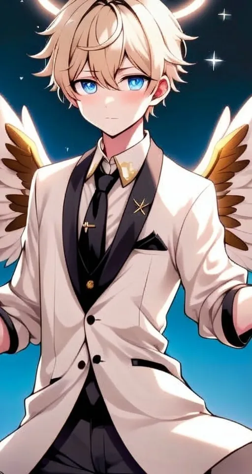 Prompt: anime, detailed, He has striking blue eyes, complemented by pink blush marks beneath them, giving his face a gentle and endearing touch. His blond hair is styled in a wave. He wears a tan and white outfit adorned with gold accents, paired with a black tie that adds a touch of formality. Draped over his outfit is a white and blue robe decorated with star-like patterns, enhancing his ethereal look. Floating above his head is a halo, signifying his angelic nature. he has six large, elaborate wings they are soft and feathery primarily cream-colored with golden parts, very detailed