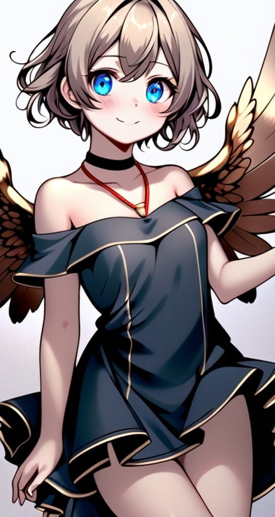 Prompt: anime, girl, detailed, She has beautiful, blue eyes, light gold wings that are large and feathery, suggesting a gentle and serene nature. Her hair is blonde and styled in soft waves that frame her face, which has a cheerful and friendly expression with rosy cheeks. She wears a flowing, off-the-shoulder baby blue dress that complements the color of her wings. The dress is accentuated with gold bands around her neck, upper arms, and lower legs, adding a touch of elegance., very detailed