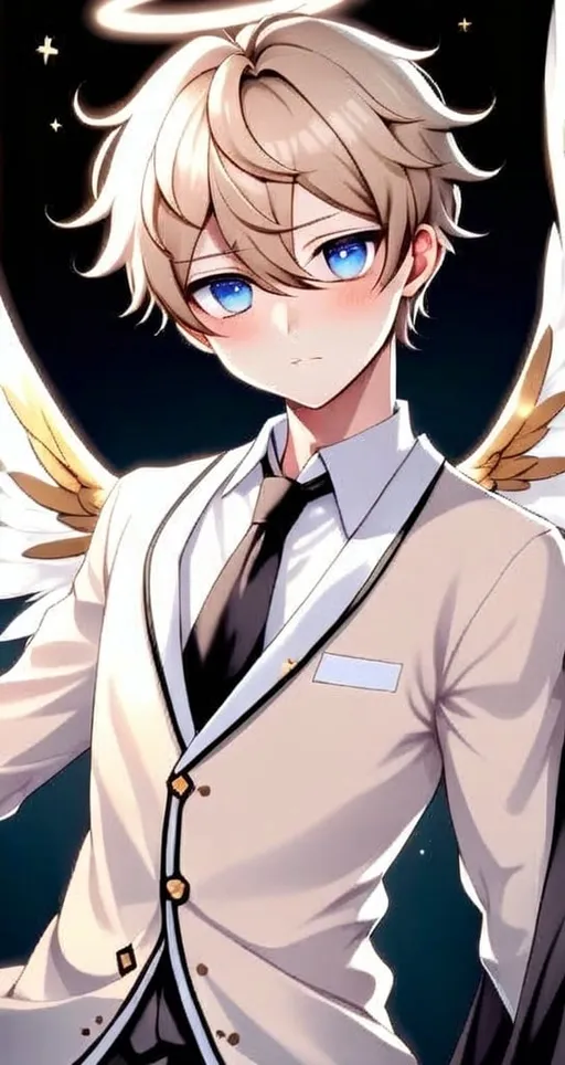 Prompt: anime, detailed, He has striking blue eyes, complemented by pink blush marks beneath them, giving his face a gentle and endearing touch. His blond hair is styled in a wave. He wears a tan and white outfit adorned with gold accents, paired with a black tie that adds a touch of formality. Draped over his outfit is a white and blue robe decorated with star-like patterns, enhancing his ethereal look. Floating above his head is a halo, signifying his angelic nature. he has six large, elaborate wings they are soft and feathery primarily cream-colored with golden parts, very detailed
