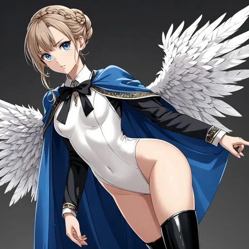 Prompt: anime, girl, detailed, She has white wings that are large and feathery, She has light brown hair styled in an elegant updo with a braid, and an expressive face with a somewhat serious or thoughtful expression, highlighted by her blue eyes. She wears a stylish outfit that combines elements of both a traditional uniform and fashionable attire. The ensemble includes a short blue cape with white accents and a bow tie, fastened over a form-fitting white leotard. Her legs are covered by long black thigh-high boots with high heels, adding a touch of edginess to her look, very detailed