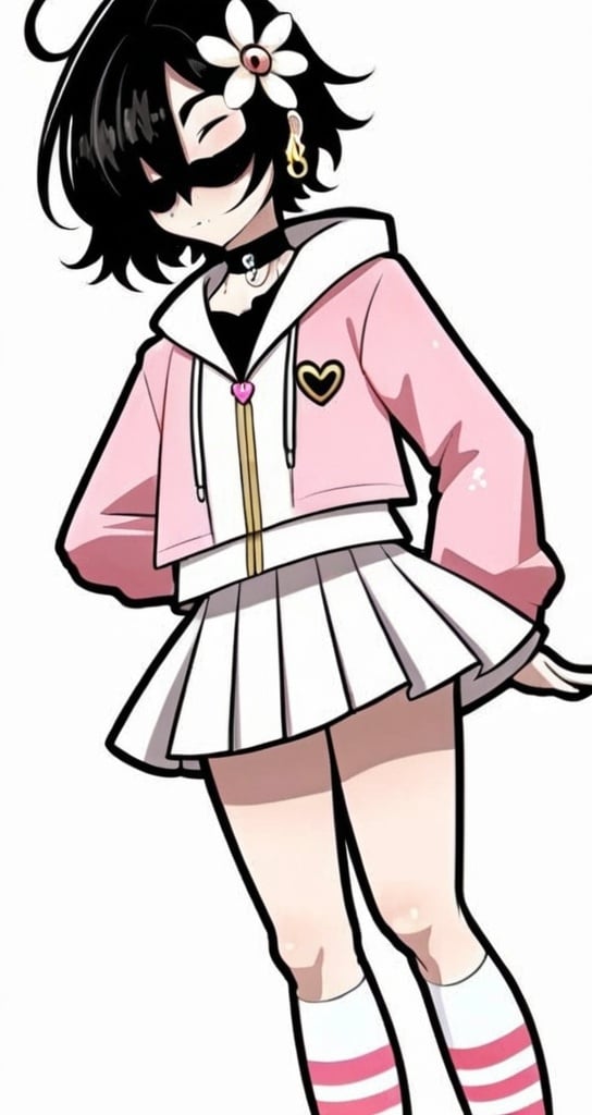 Prompt: anime, detailed, he has short, wavy black hair that covers his eyes. He is wearing a pink zip-up hoodie over a white crop top, a short white skirt, thigh-high pink and white striped socks, and a choker with a heart pendant. He wears a small white flower clip in his hair, very detailed