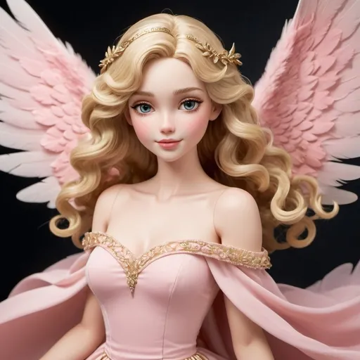Prompt: She has light pink wings that are large and feathery, suggesting a gentle and serene nature. Her hair is blonde and styled in soft waves that frame her face, which has a cheerful and friendly expression with rosy cheeks. She wears a flowing, off-the-shoulder pink dress that complements the color of her wings. The dress is accentuated with gold bands around her neck, upper arms, and lower legs, adding a touch of elegance.