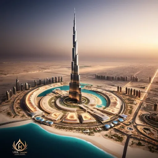 Prompt: create an image for UAE major landmarks along with technological enhancement and add 6G logo and e& logo