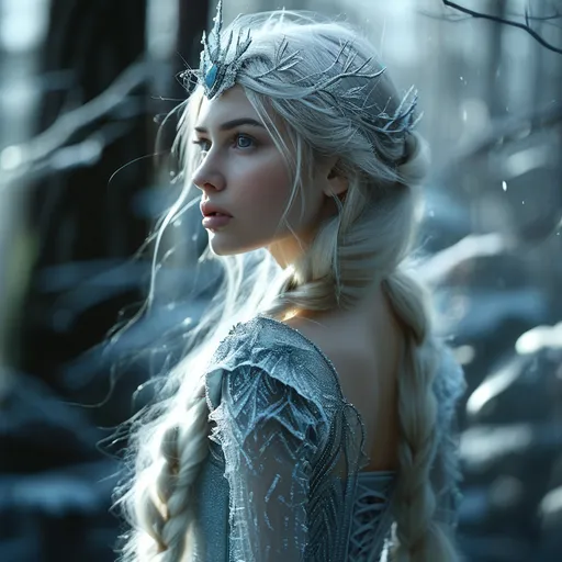 Prompt: Tall young woman representing an ice queen with sivery hair walking through a magical forest. detailed clothing, realistic, enchanted lighting