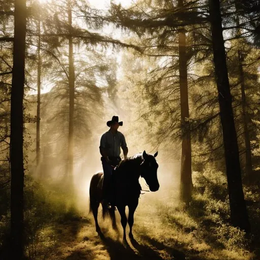 Prompt: Man riding a horse in the woods