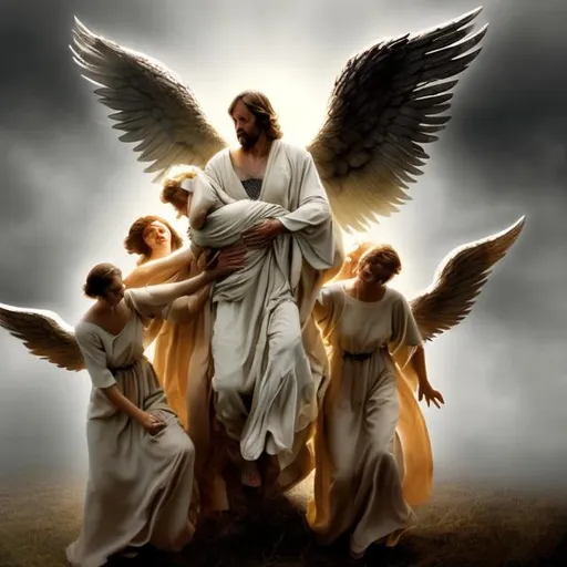 Prompt: A man carried up by angels